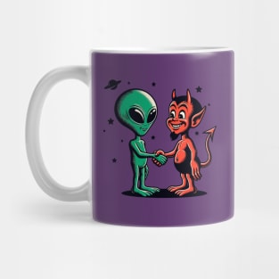 Alien and devil shaking hands Mug